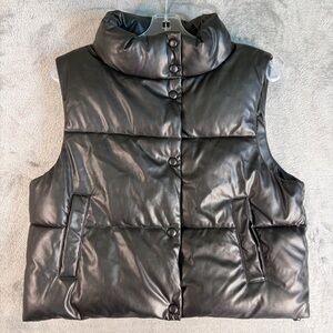 Love Tree Faux Leather Puffer Vest Women's S Black with Pockets Zipper Button